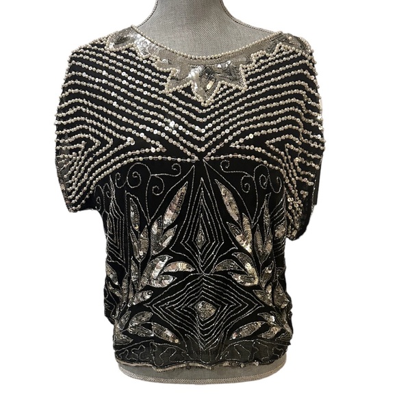 SPARKLERS Vintage Beaded Sequin 100% Silk Top Black Size L - Picture 1 of 10